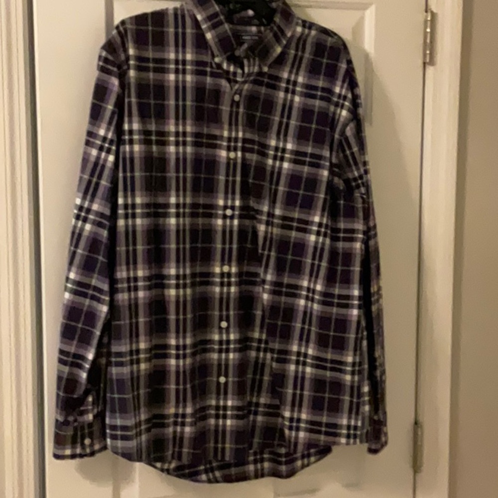 Land’s End Men’s XL Plaid Black Purple Grey Button Down Long Sleeve Shirt